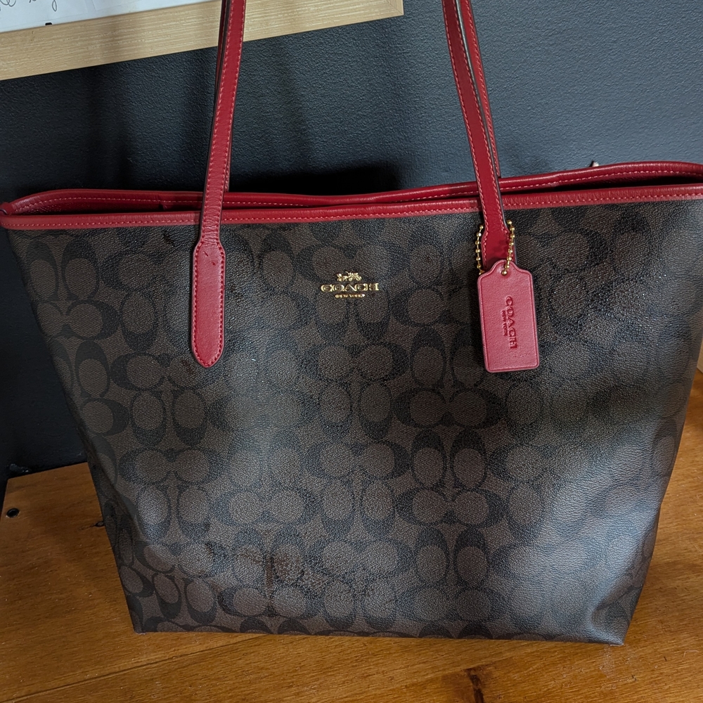 Coach Brown and Red Monogram Tote